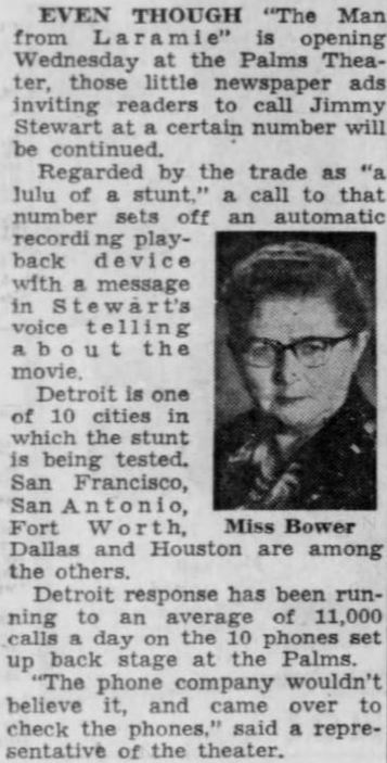 Detroit Free Press (MI) 7-27-55 Bower was the writer of the column in which this bit appeared)